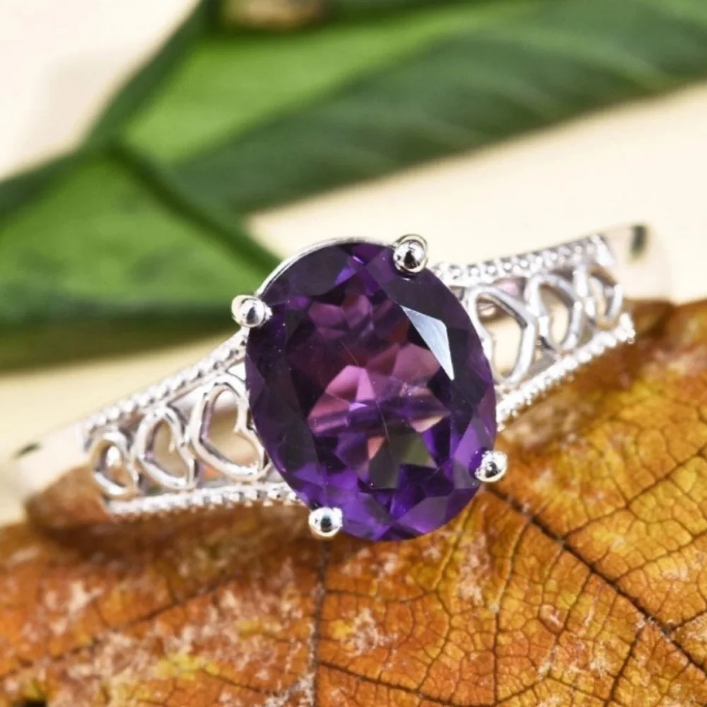 Genuine Amethyst Women’s Silver Platinum Bond Brass Ring Feburary Birthstone